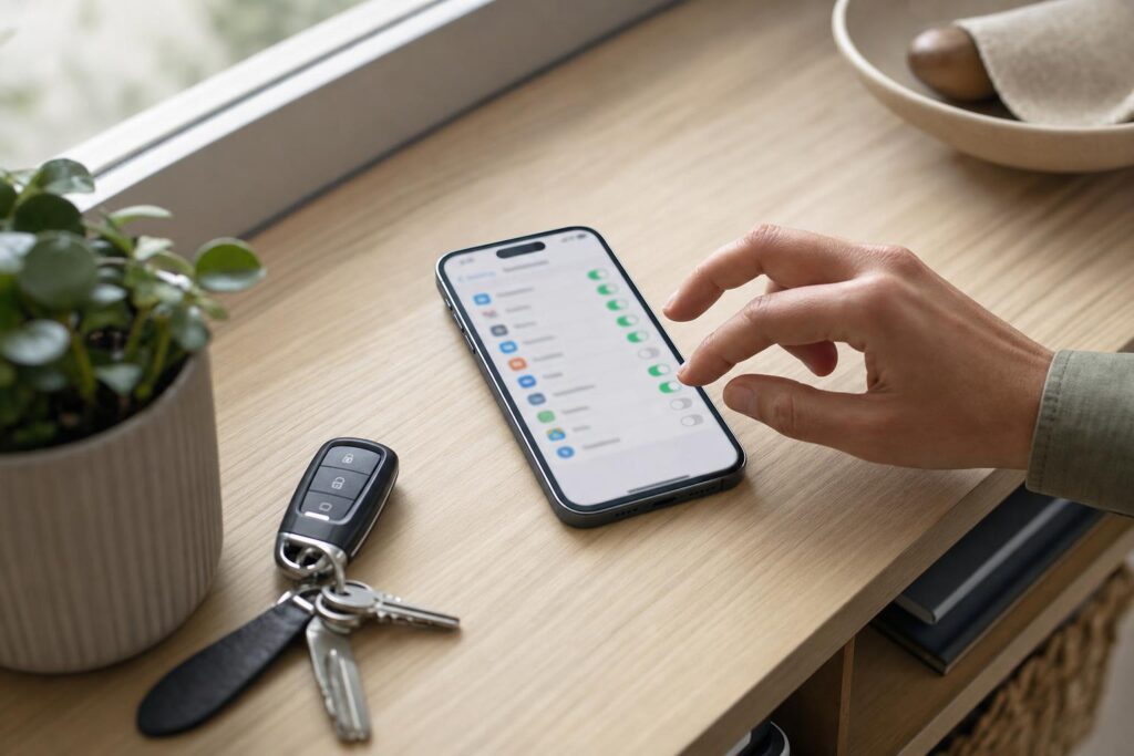 Smartfon z ustawieniami lokalizacji na stole, obok kluczy, osoba wyłącza dostęp.