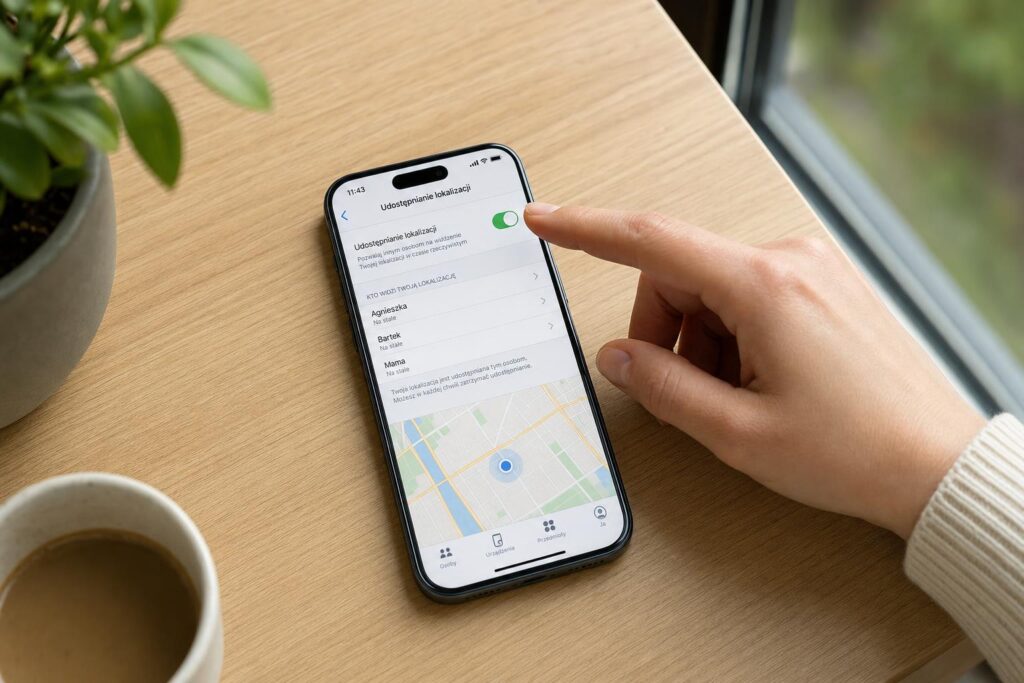 Smartfon na stole z ekranem ustawień lokalizacji i dłonią wyłączającą udostępnianie
