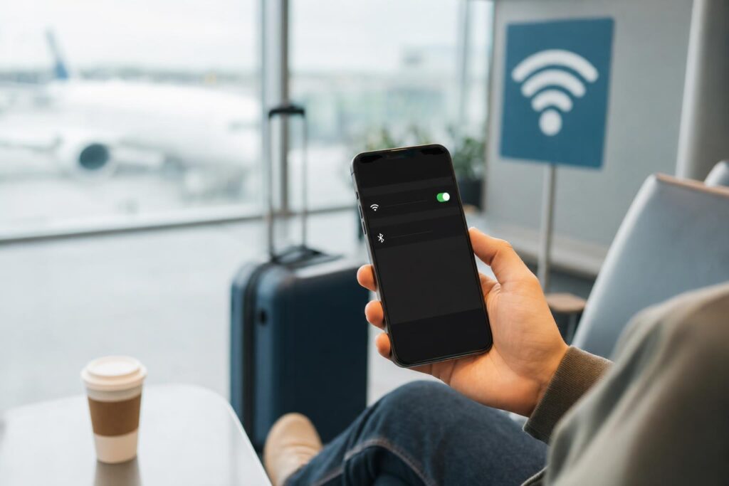 Osoba trzyma telefon na lotnisku, obok widoczny znak Wi‑Fi w rozmytym tle