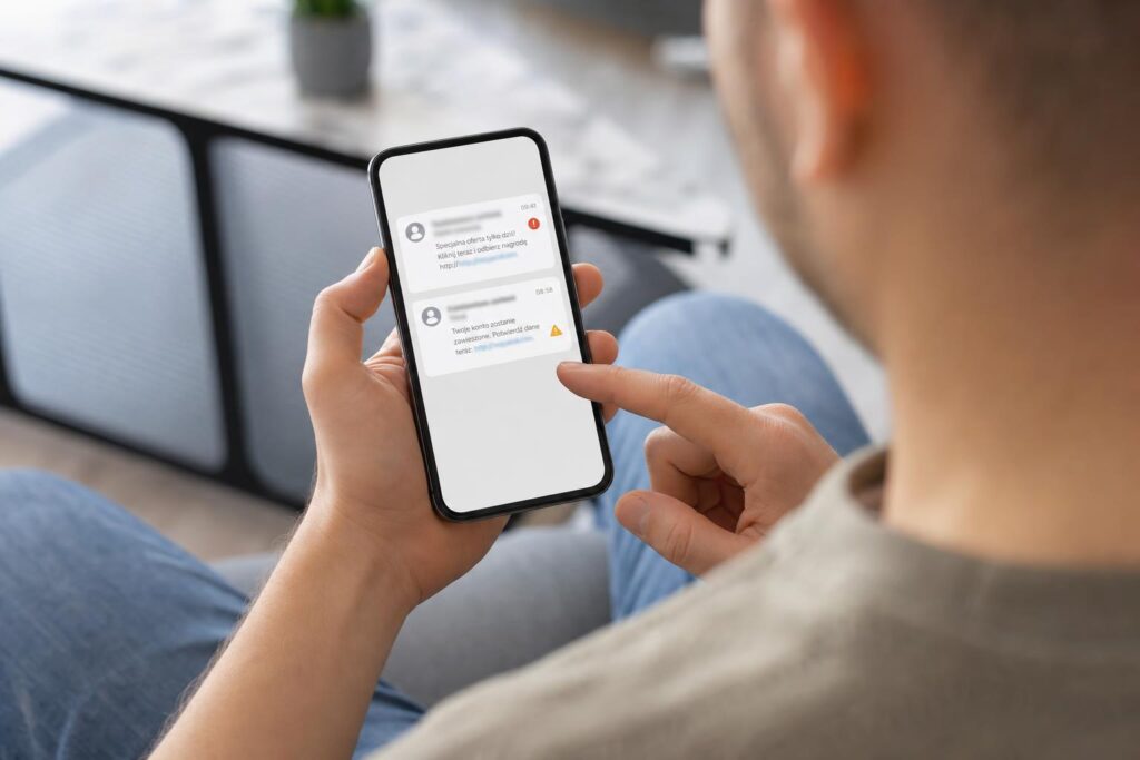 Osoba trzyma smartfon i porównuje podejrzane wiadomości na ekranie.