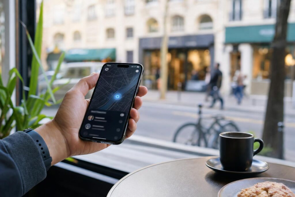 Zbliżenie na smartfon z mapą udostępniania położenia przy oknie kawiarni i widoczną ulicą w tle