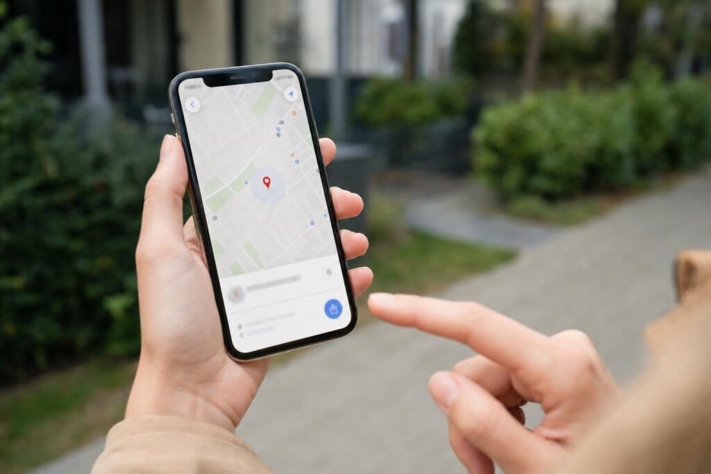 Dłoń trzyma smartfon z mapą i pinezką, bez widocznego adresu domu