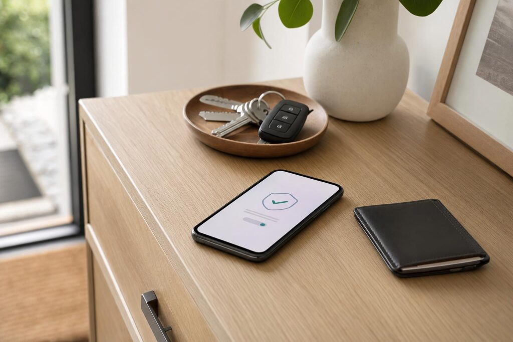 Smartfon na konsoli w domu obok kluczy, z widocznym ekranem ustawień bezpieczeństwa.