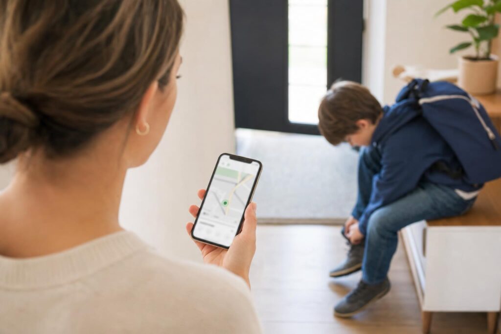 Osoba trzyma telefon z mapą lokalizacji, a dziecko zakłada plecak przy wyjściu z domu.