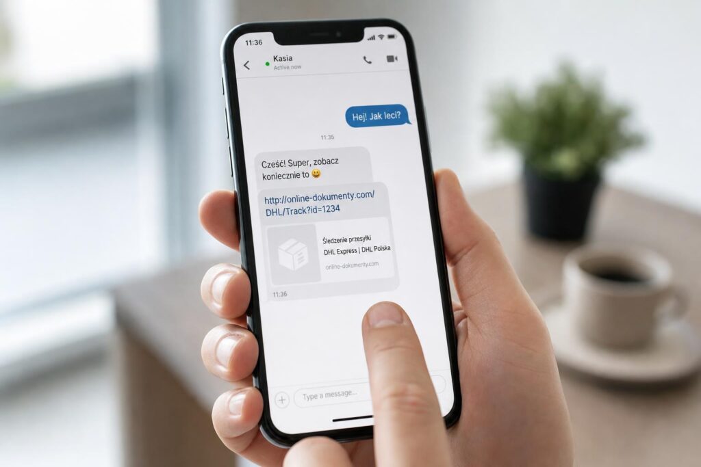 Zbliżenie na smartfon z wiadomością w komunikatorze zawierającą link, osoba waha się przed kliknięciem